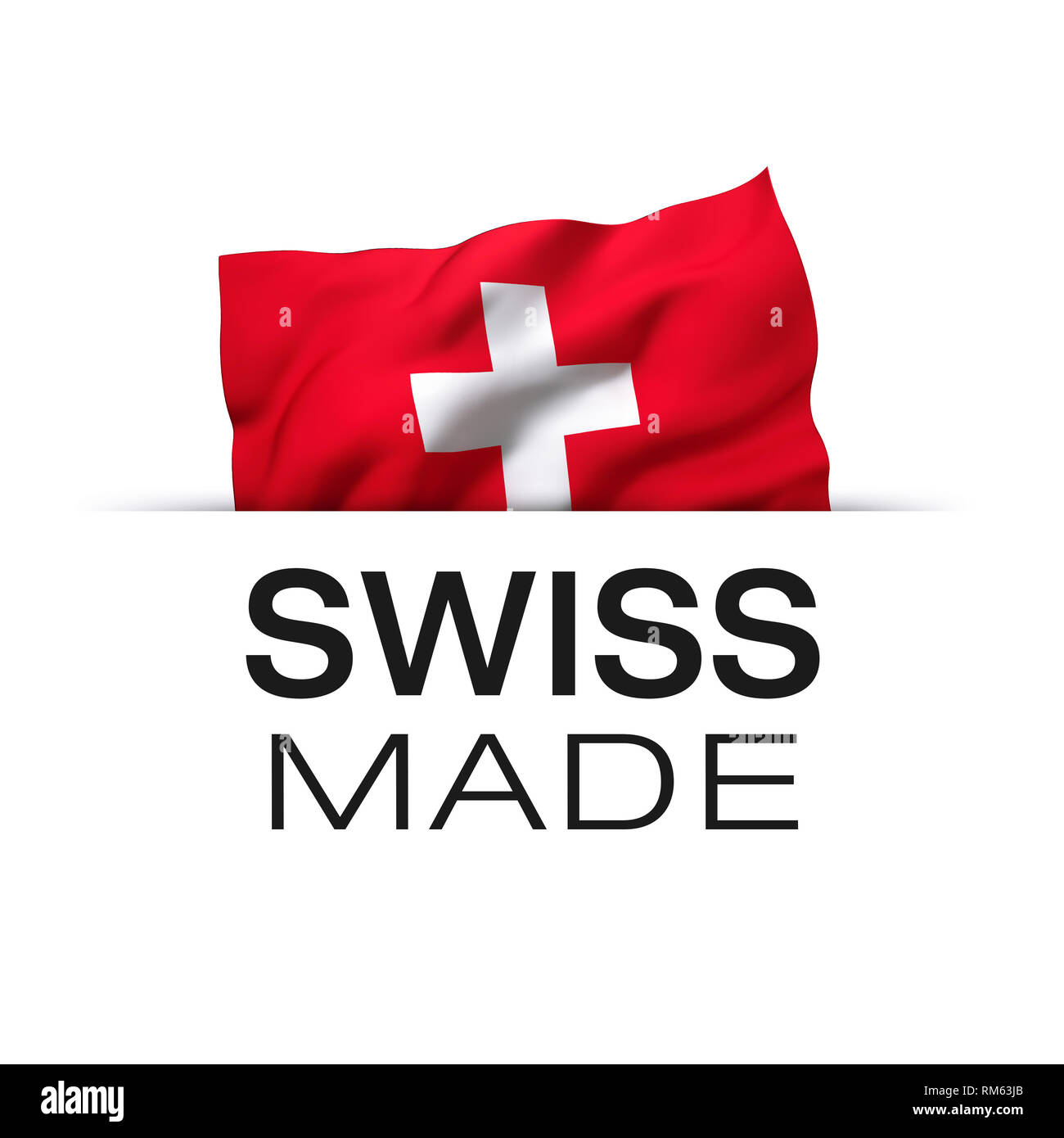 Swiss made-Garantie label mit einem wehende Flagge der Schweiz. Stockfoto