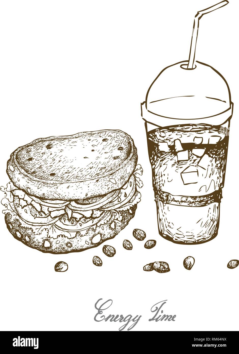 Energie Zeit, Illustration Hand gezeichnete Skizze köstliche selbstgemachte Frisch gesundes Vollkornbrot Sandwich mit Eiskaffee isoliert auf weißem Backgr Stock Vektor