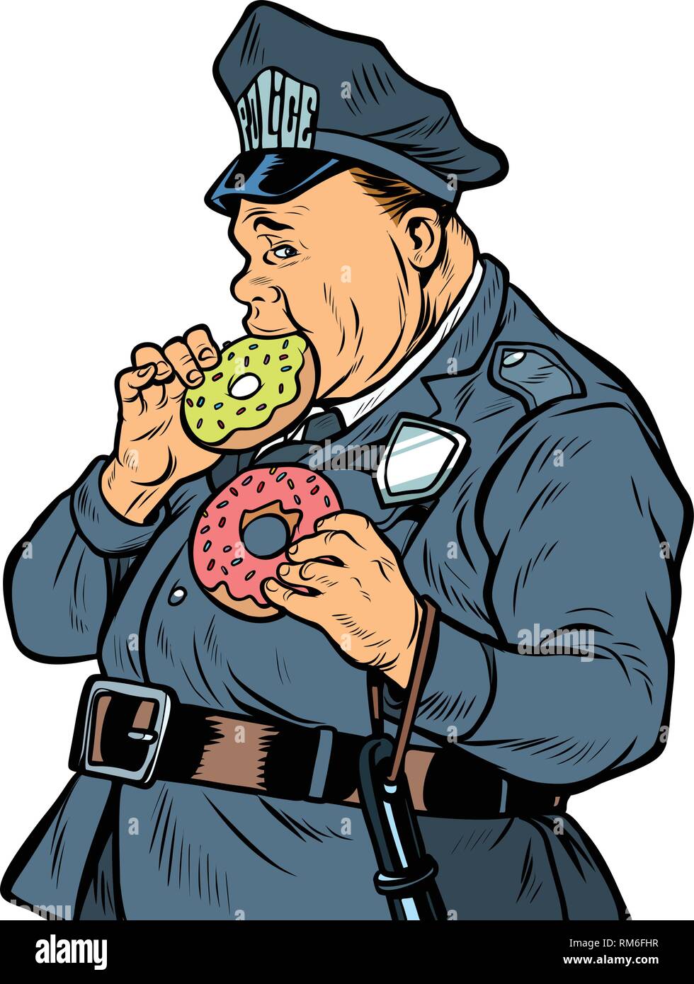 Cop isst Donut. auf weißem Hintergrund isolieren Stock Vektor