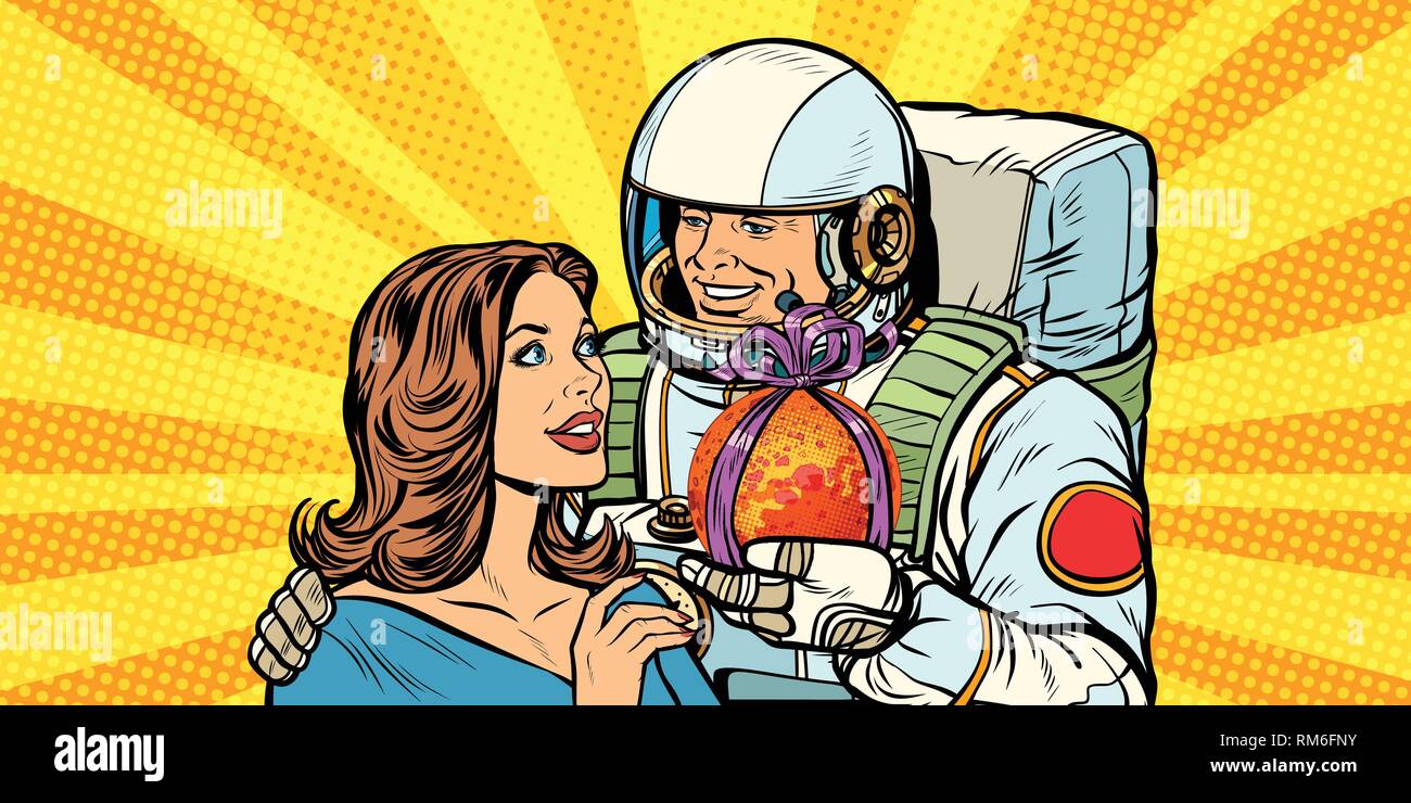 Paar in der Liebe. Astronaut gibt eine Frau Mars Stock Vektor