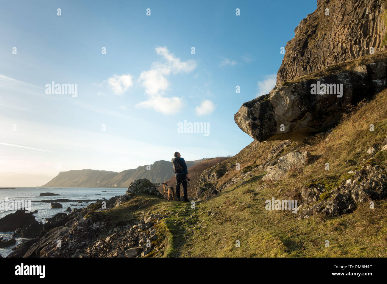 Person mit Hund bewundern die Basaltsäulen in den Klippen von Carsaig an der Küste zu Fuß auf der Isle of Mull, Schottland Stockfoto