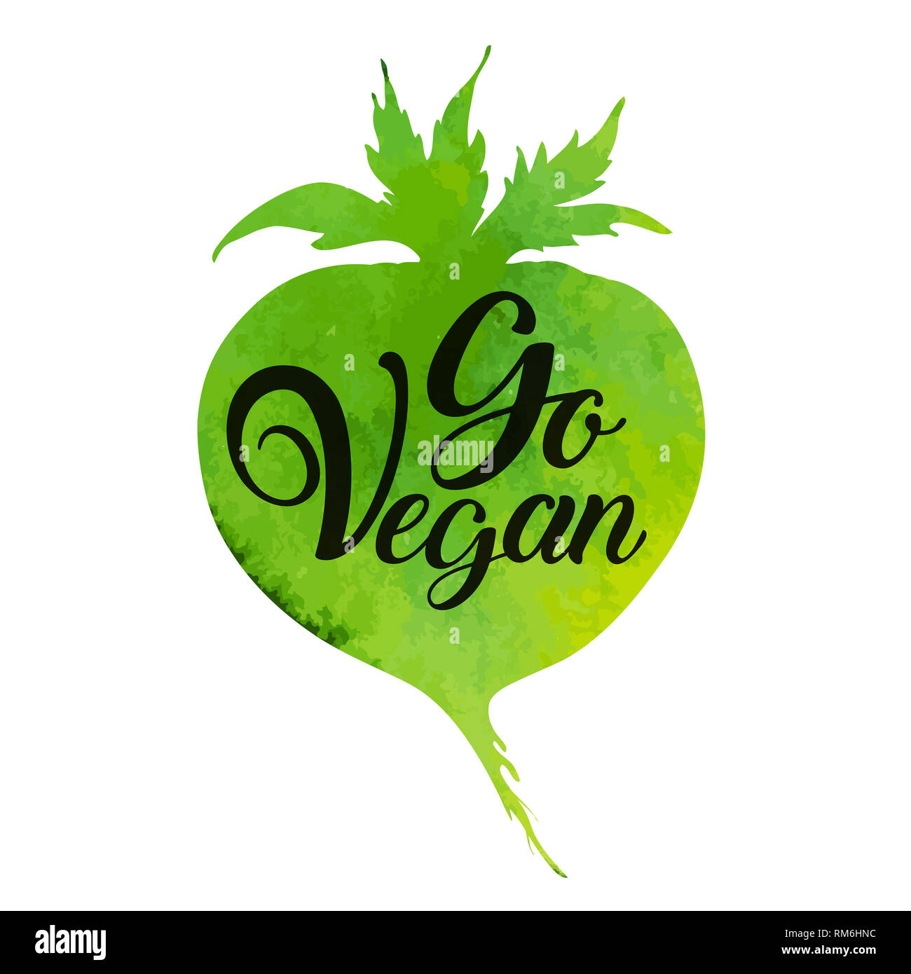 Grüne aquarell Wurzelgemüse und Schriftzug Go vegan. Vegetarische Lebensweise Konzept. Stockfoto