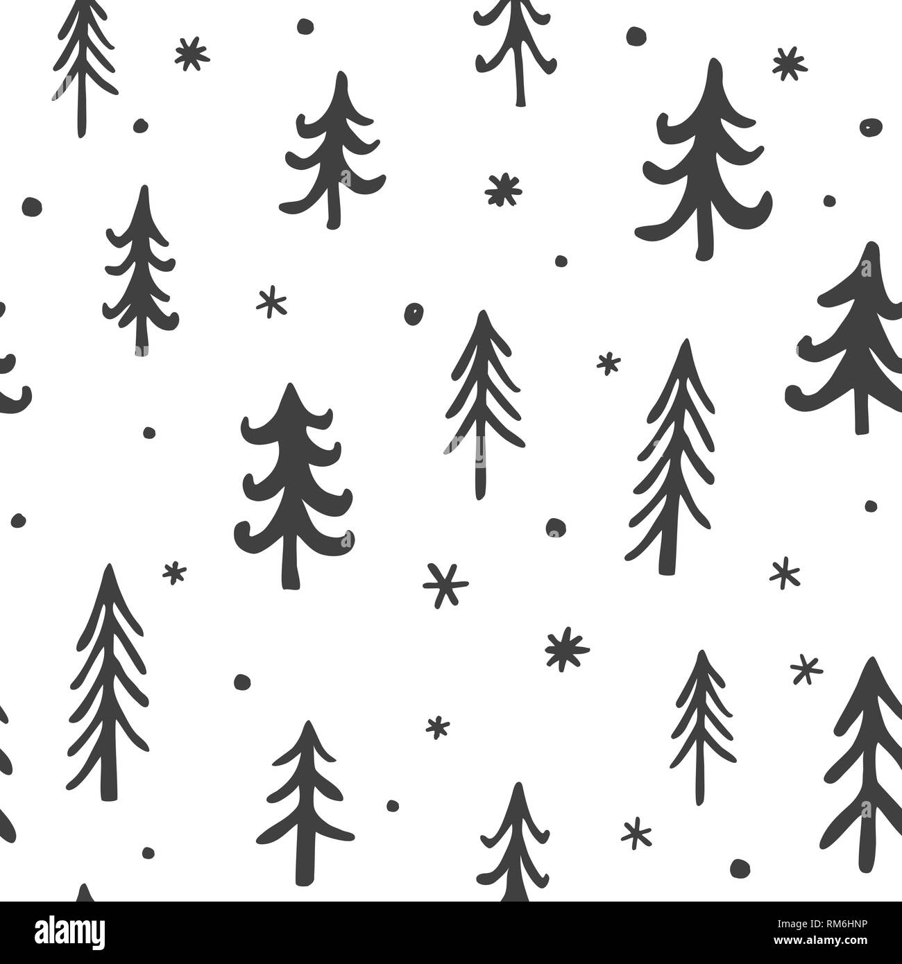 Nahtlose stilvolle Muster mit niedlichen hand Pinien gezeichnet. Vektor Kontur Abbildung, Grau und Weiß. Stock Vektor
