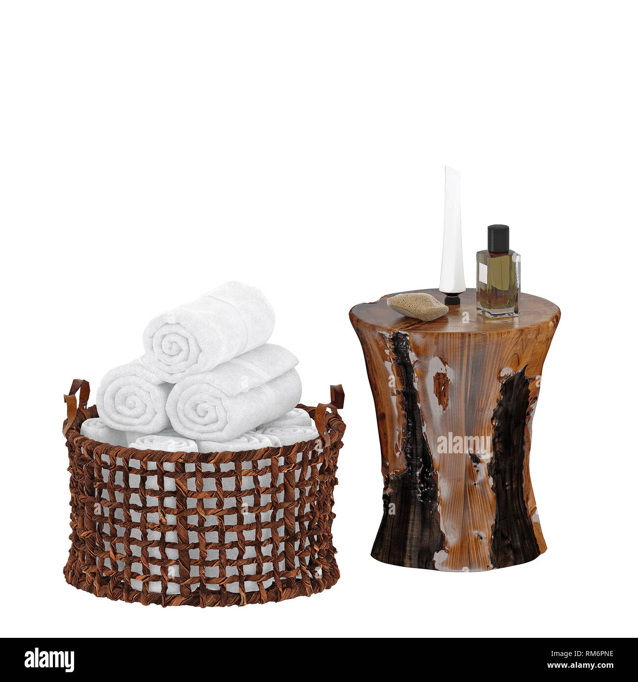 3D-Render Badezimmer Handtücher und Körperpflegeprodukte Stockfoto
