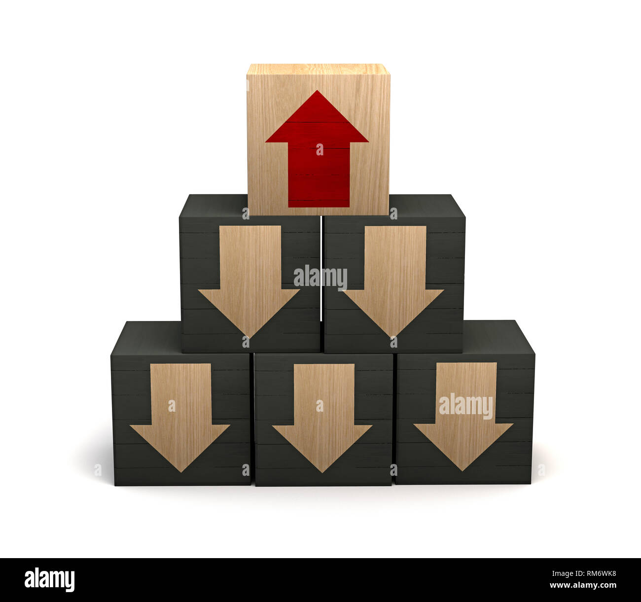 Holzblock mit rotem Pfeil in die entgegengesetzte Richtung schwarze Pfeile, Einzigartig, anders denken, individuelle und Stehen heraus von der Masse. Pyramide Stockfoto