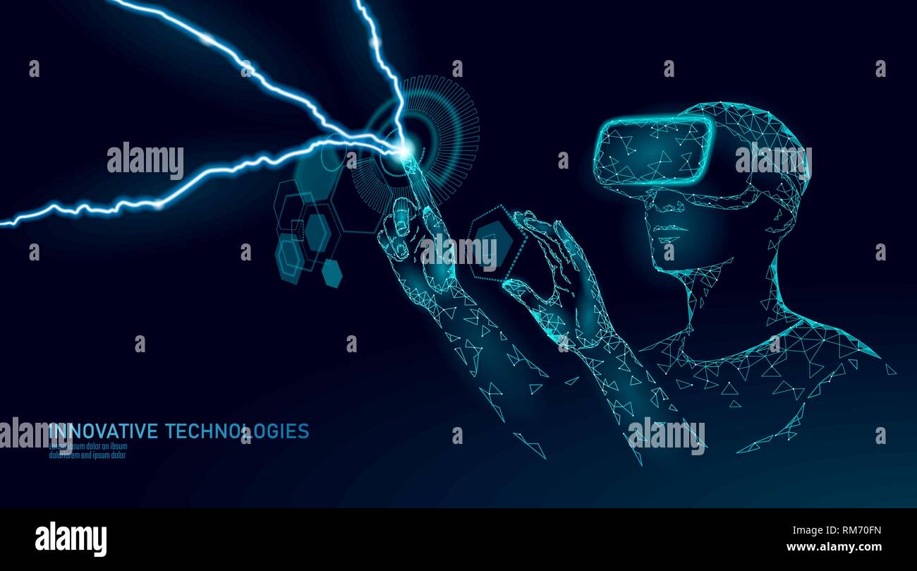 Virtual augmented reality Helm Low Poly. Innovation Media Entertainment polygonalen Konzept. HUD Display User digitale Steuerung der Wissenschaft. Mensch arbeiten Stock Vektor