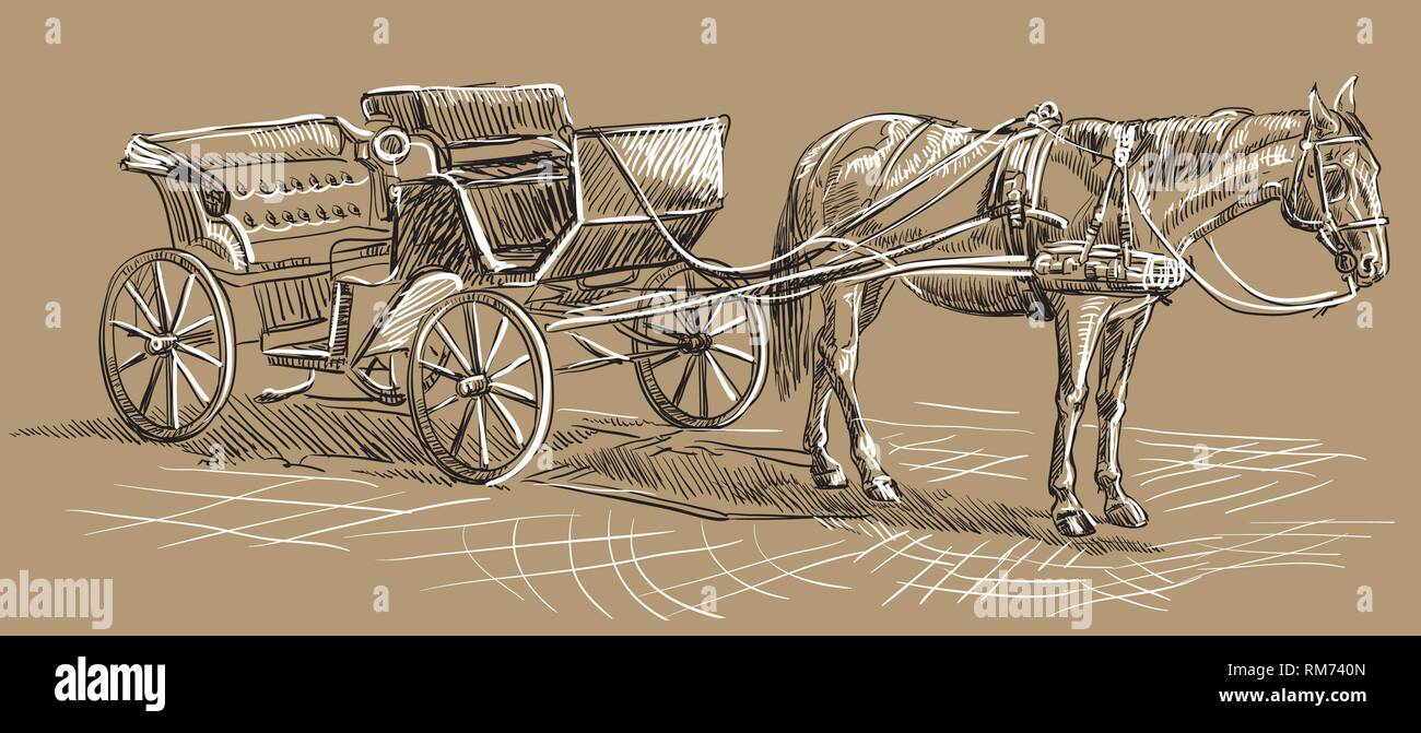 Vektor hand Zeichnung Abbildung: Pferdekutsche. Monochromen vector hand Zeichnung Skizze Abbildung in den Farben Schwarz und Weiß isoliert auf beige Stock Vektor