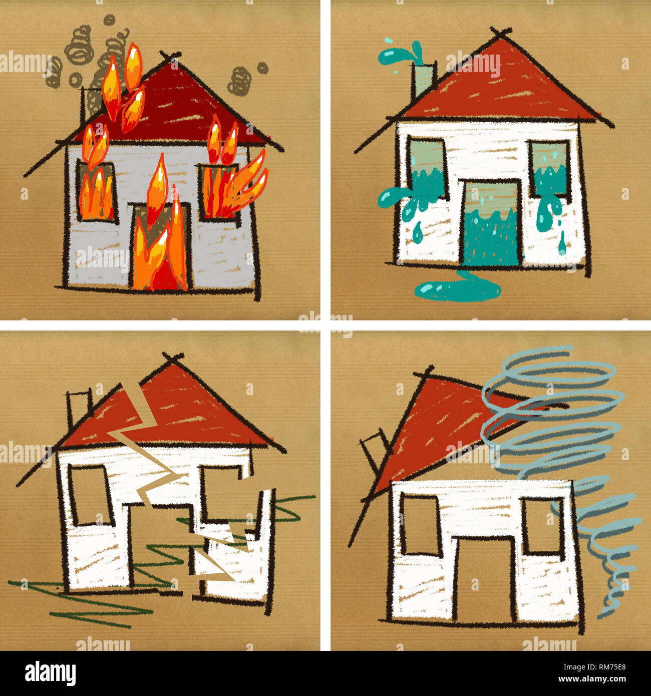Vier Häuser auf braunem Papier - Katastrophen gezeichnet Stockfoto