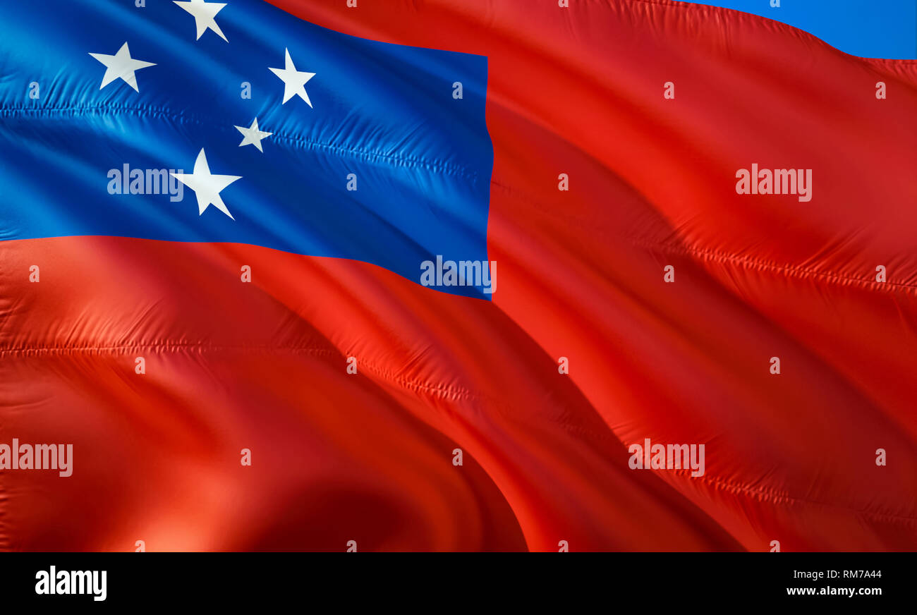 Flagge Samoa. 3D-Wehende Flagge Design. Das nationale Symbol von Samoa, 3D-Rendering. Die nationalen Farben von Samoa 3 D winken Zeichen Hintergrund Design. 3D-Ribbon Stockfoto
