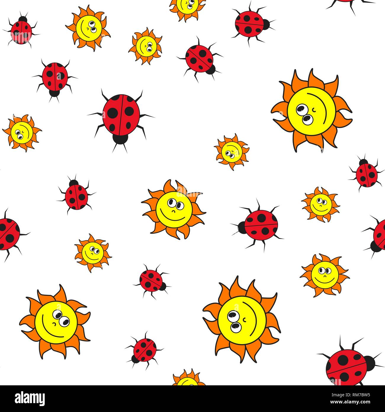 Nahtlose Muster von marienkäfern und Sonnen im Comic-stil. Auf weißem Hintergrund, Vector Illustration. Stock Vektor