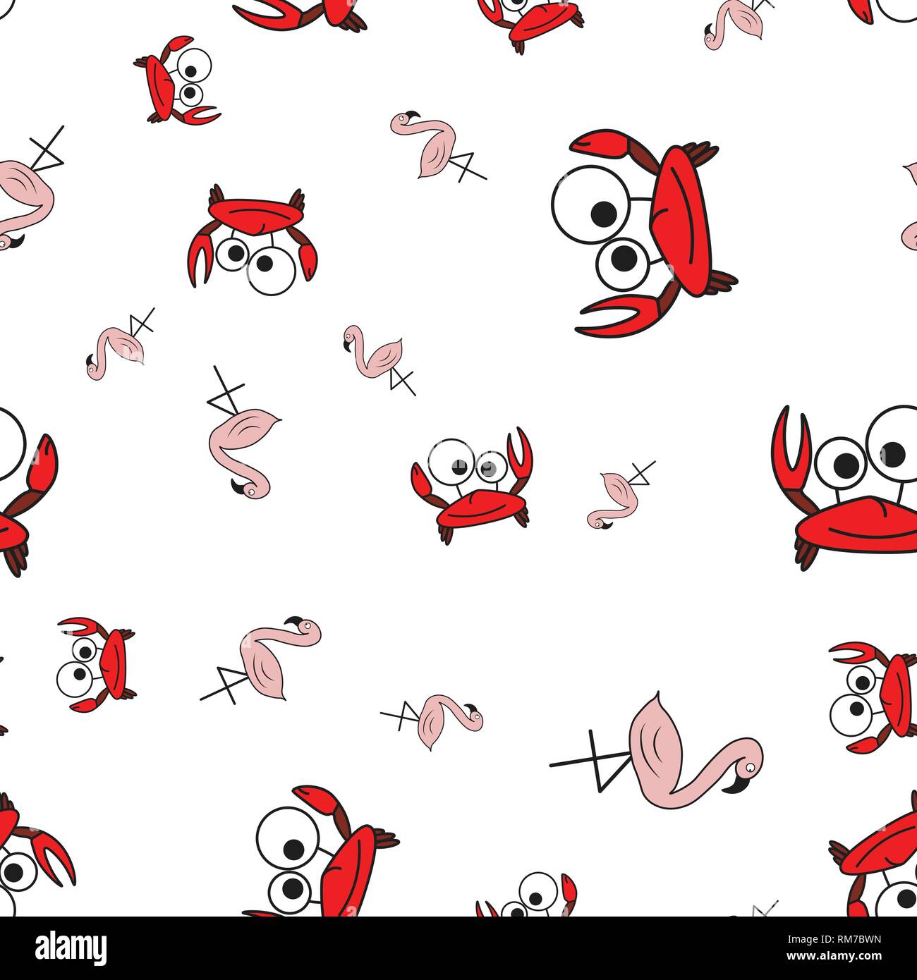 Nahtlose Muster von Krabben und Flamingos in im Comic-stil. Auf weißem Hintergrund, Vector Illustration. Stock Vektor