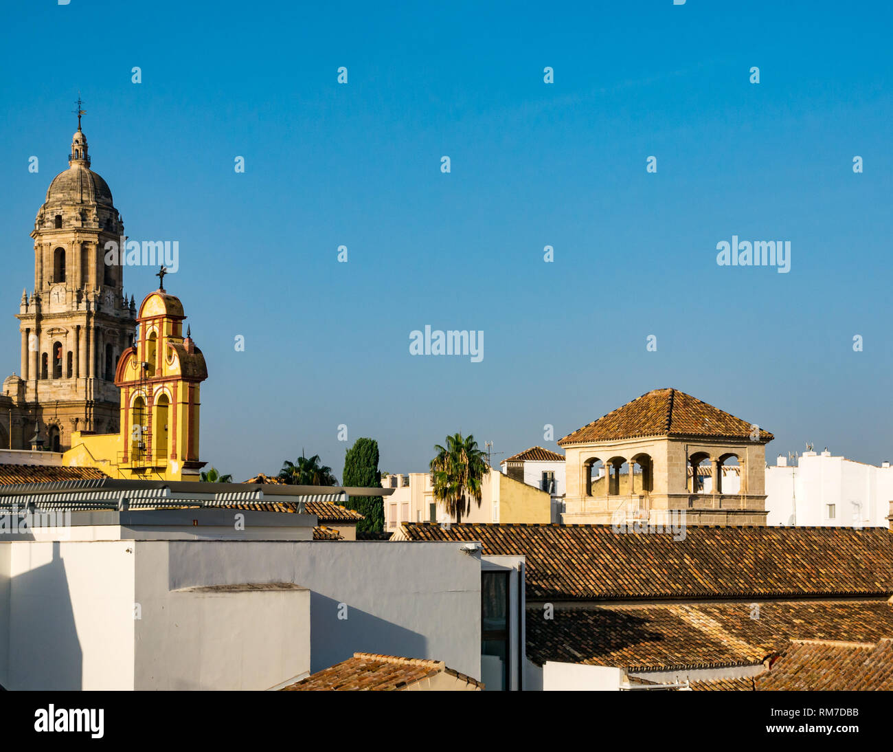 Blick über Dächer und Glockenturm, Kathedrale Basilica, Malaga, Andalusien, Spanien Stockfoto