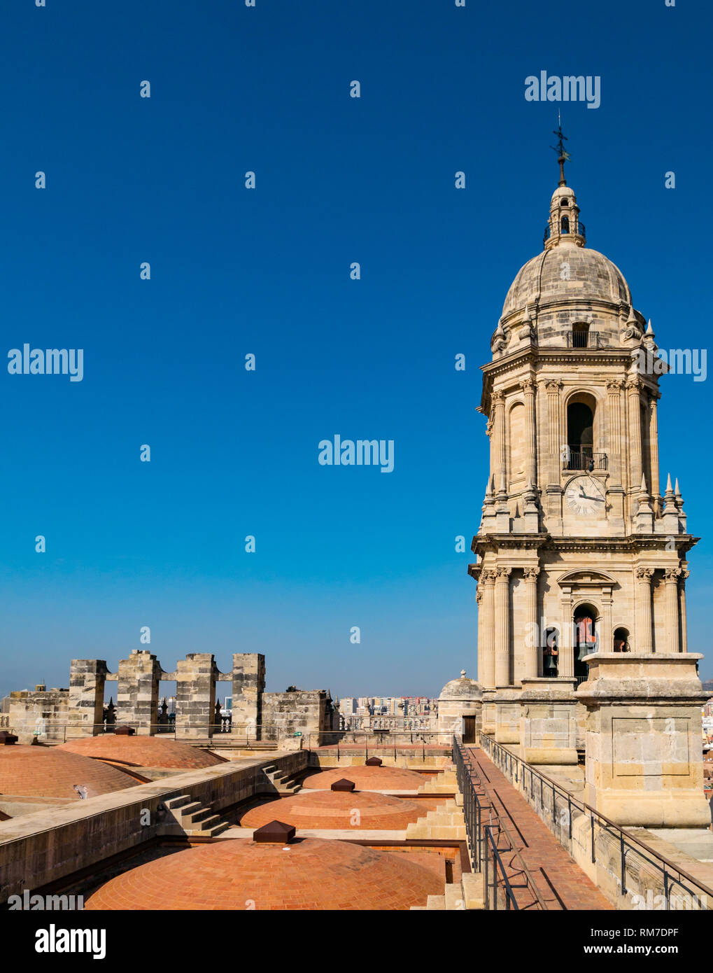 Glockenturm und ungewöhnliche gewölbten Dach, Kathedrale Basilica, Malaga, Andalusien, Spanien Stockfoto