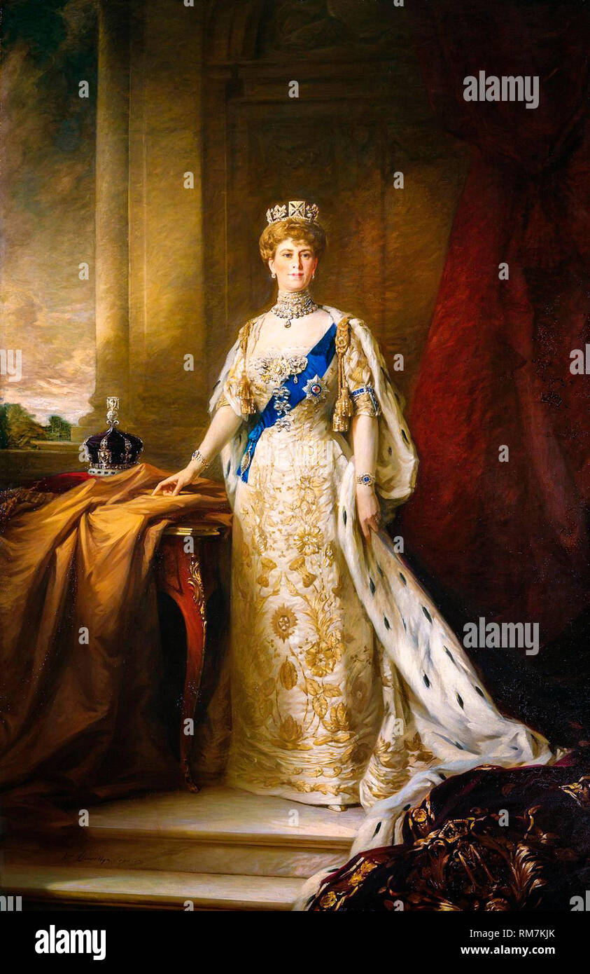 Königin Maria von Teck von Großbritannien in Krönungsroben, Porträtmalerei von William Llewellyn, Gemälde um 1911 Stockfoto