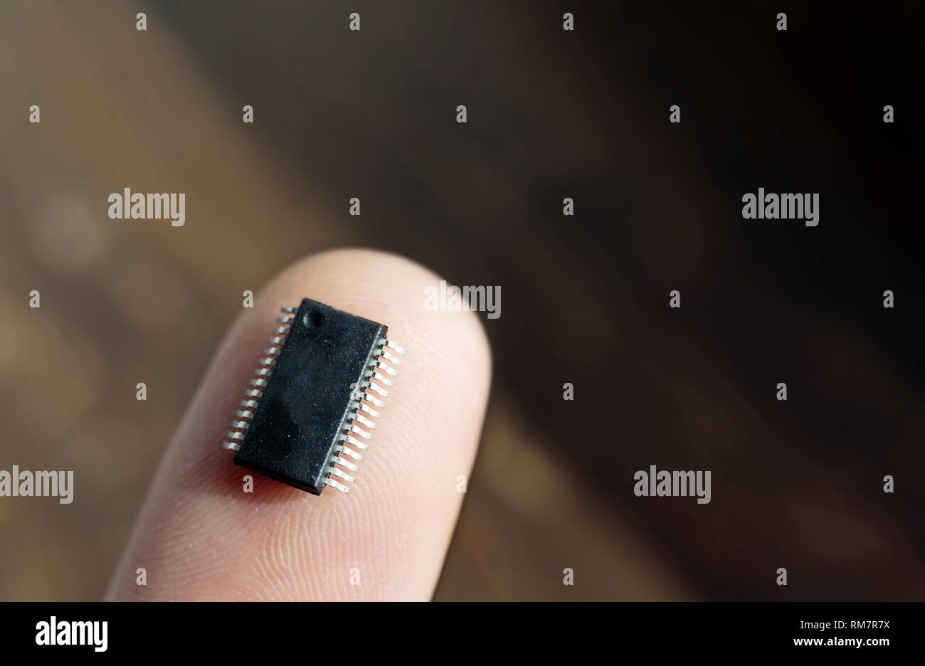Microchip auf einem Finger, microchip Pins übereinstimmen, die Linien der Fingerabdruck, Konzept, bio-integrierte Elektronik, Sensorik, Future Living Stockfoto