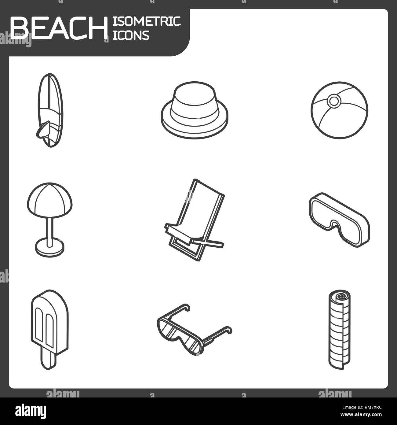 Strand Umrisse isometrische Symbole. Vector Illustration, EPS 10. Stock Vektor