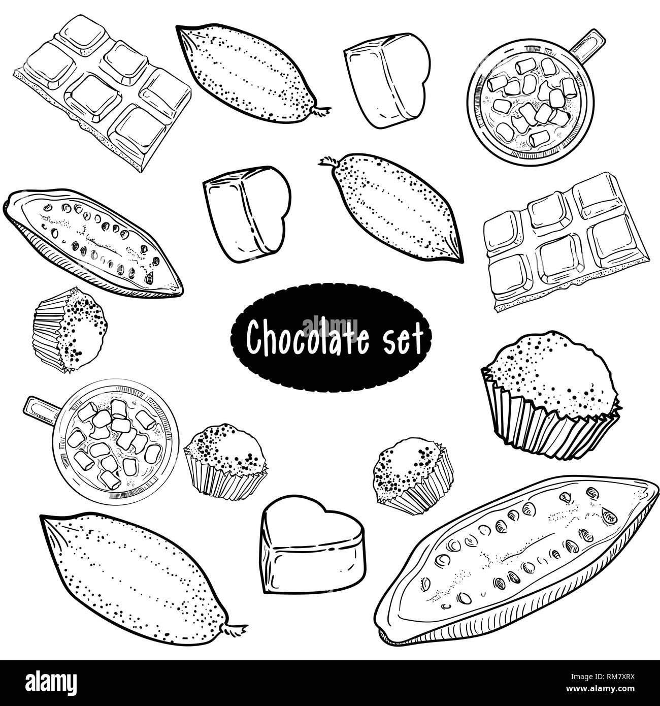 Hand gezeichnet von verschiedenen Arten von Schokolade Skizze stil Vector Illustration auf weißem Hintergrund. Schokolade, Bonbons, Bohnen, porös Stock Vektor