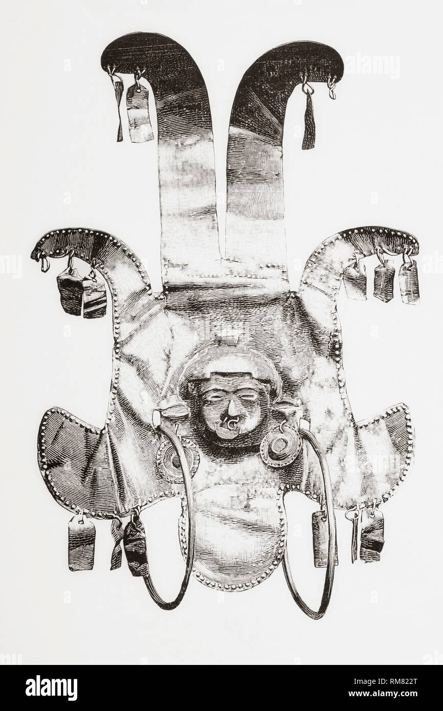 Der Kopf eines Kriegers mit goldenen Verzierungen durch die quimbaya Zivilisation gearbeitet, eine Südamerikanische Zivilisation, für spektakuläre gold Arbeiten festgestellt. Armenia, Quindio, Kolumbien, Südamerika. Von La Ilustracion Artistica, veröffentlicht 1887. Stockfoto