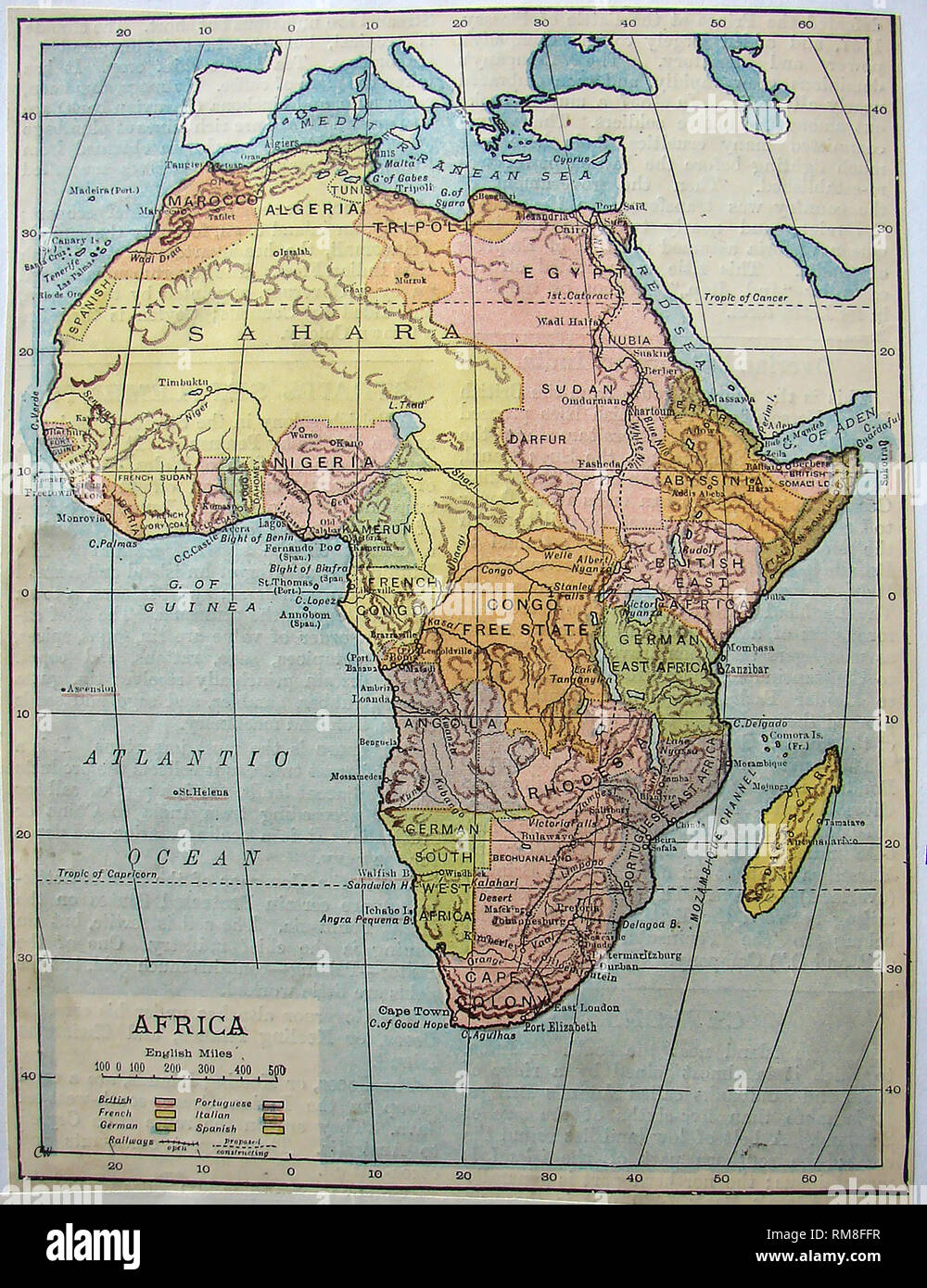 Farbigen Karte des afrikanischen Kontinents im Jahr 1901 zeigt die Namen der Länder, Grenzen, Territorien etc. Stockfoto