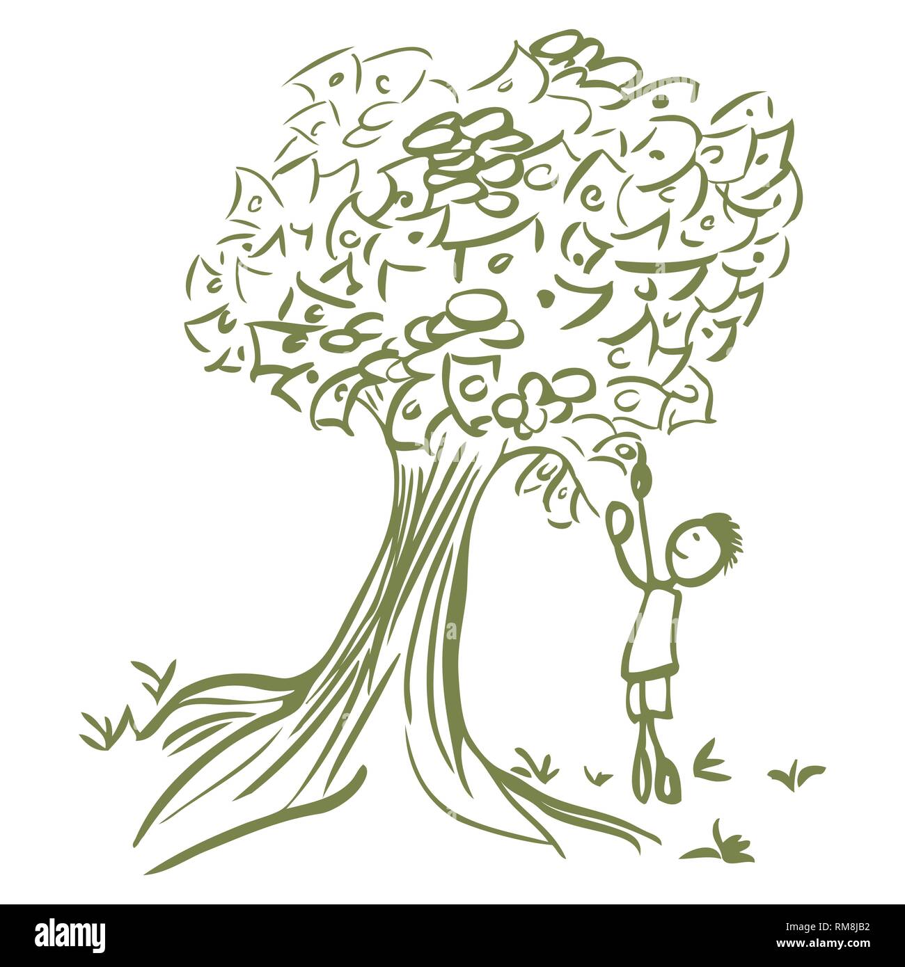 Skizze eines Stick Mann Geld Entnahme von einem Baum grüne Umrandung von jziprian Stock Vektor
