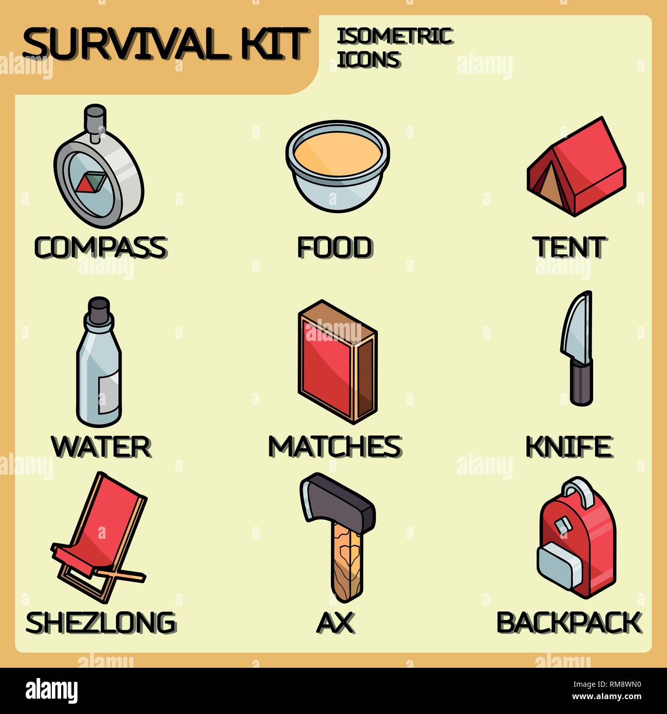 Survival Kit Farbe Umrisse isometrische Symbole. Vector Illustration, EPS 10. Stock Vektor