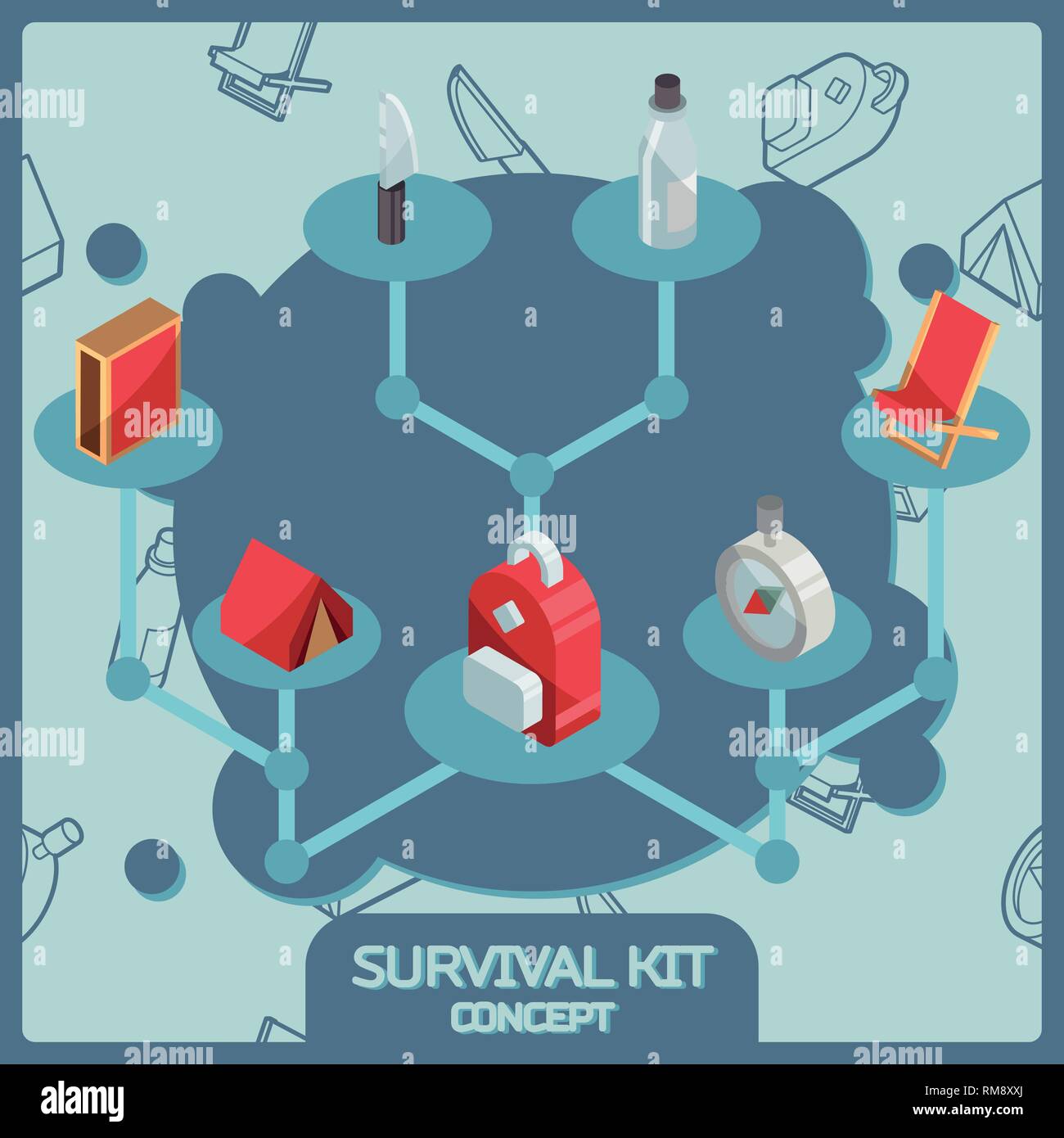 Survival Kit Farbe isometrische Konzept Symbole. Vector Illustration, EPS 10. Stock Vektor