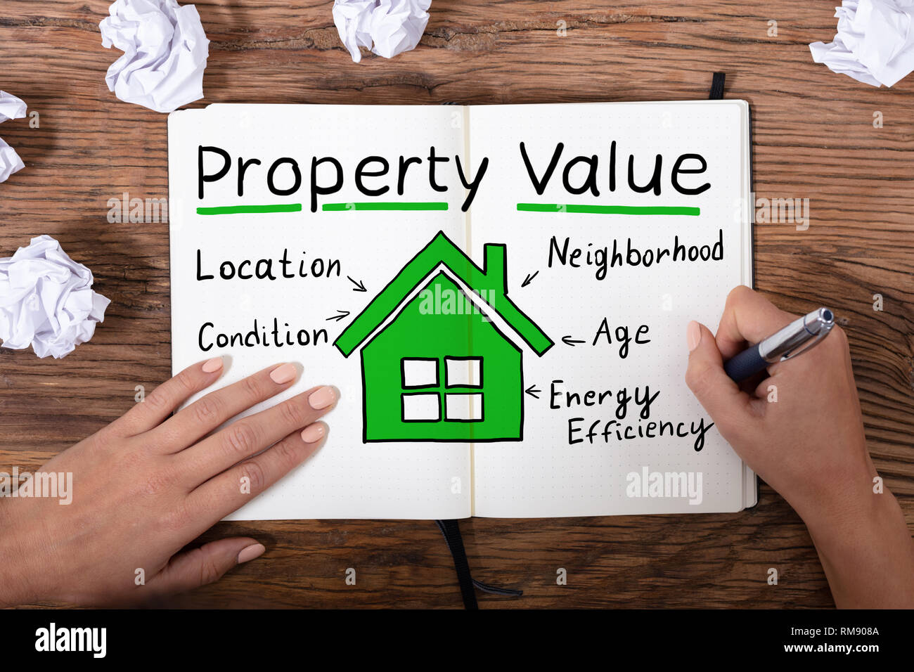 Nahaufnahme von einer Frau Hand schreiben Eigenschaft Wert auf Notebook über die hölzerne Tabelle Stockfoto