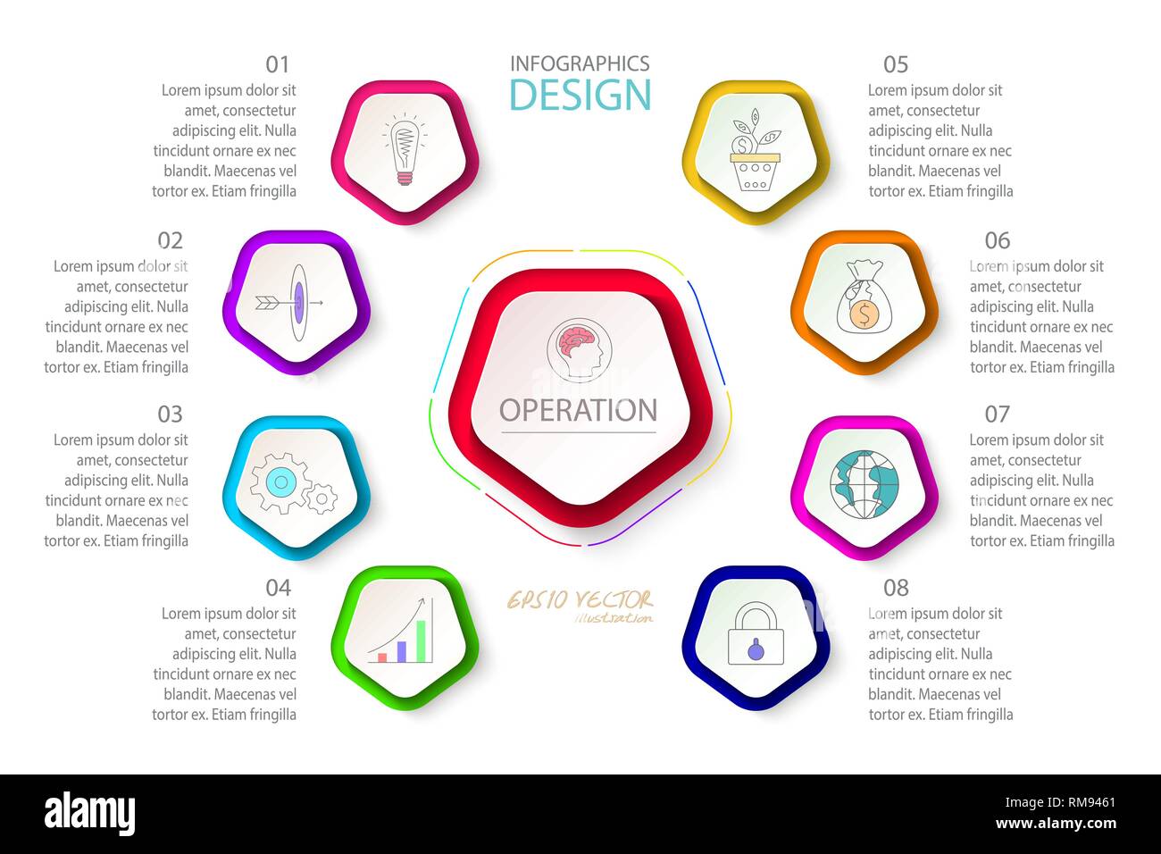 Fünfecke label Infografik mit 9 Stufen. Stock Vektor