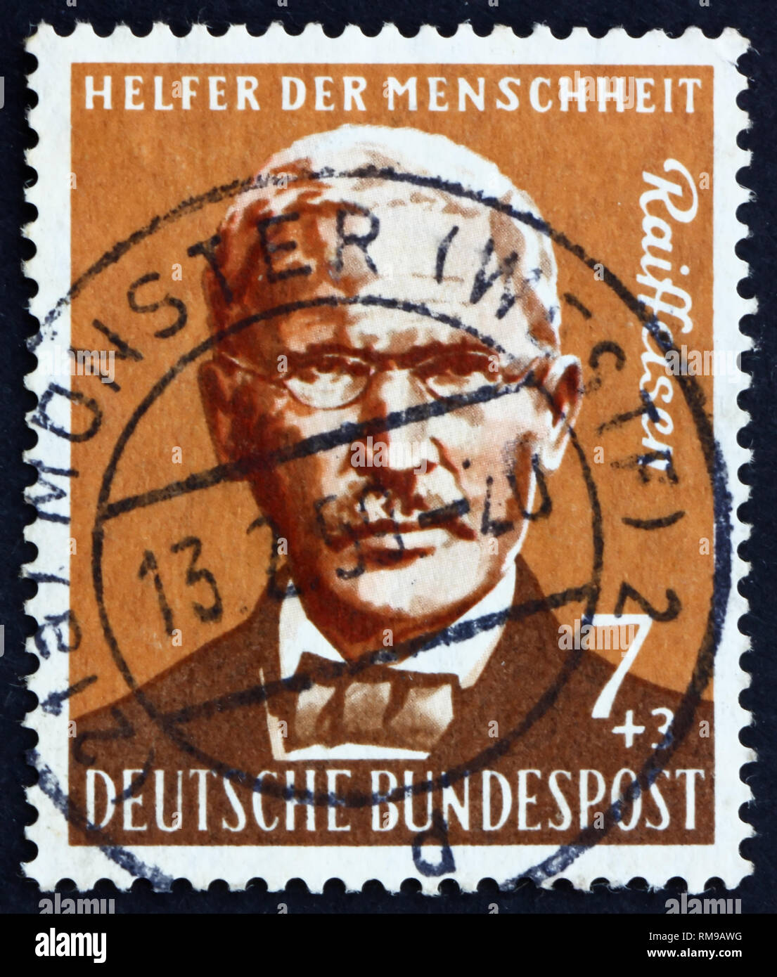Deutschland - ca. 1958: einen Stempel in Deutschland bedruckt zeigt Friedrich Wilhelm Raiffeisen, deutscher Major und Kooperativen Pioneer, ca. 1958 Stockfoto