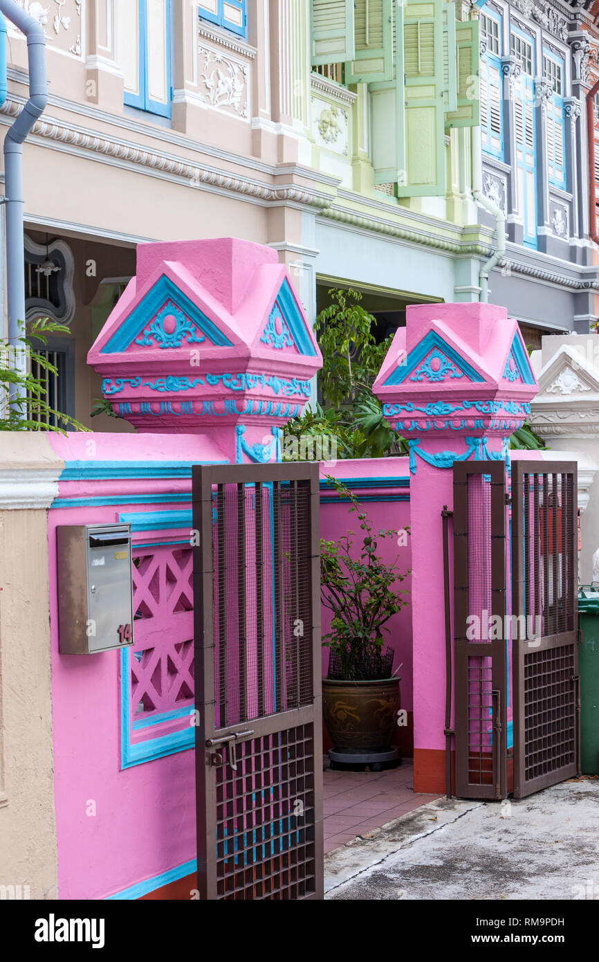 Singapur Koon Seng Road, Joo Chiat Bezirk Shop Haus, Tor, Eingang. Stockfoto