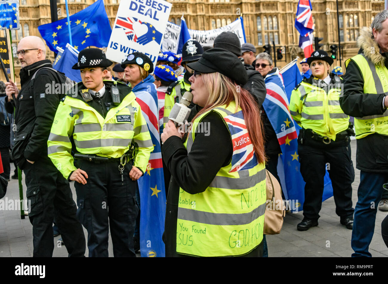 London, Großbritannien. 13. Februar 2019. Täglich Proteste von stop Brexit Gruppe SODEM (Stand der Missachtung der Europäischen Bewegung) weiterhin außerhalb des Parlaments. Eine Handvoll extremistischer pro-Brexit Demonstranten weiter Steven Bray und einige andere sodem Mitkämpfer zu belästigen, ihnen um nachgestellte, schreien Beleidigungen und Bildaufnahmen. Eine Frau beschwert sich lautstark, dass die Polizei versucht, die beiden Gruppen auseinander zu halten, die gut begünstigt wurden - sodem Demonstrant benommen. Die Polizei schauen oben eingezogen mit ihren Beleidigungen. Peter Marshall / alamy Leben Nachrichten Stockfoto