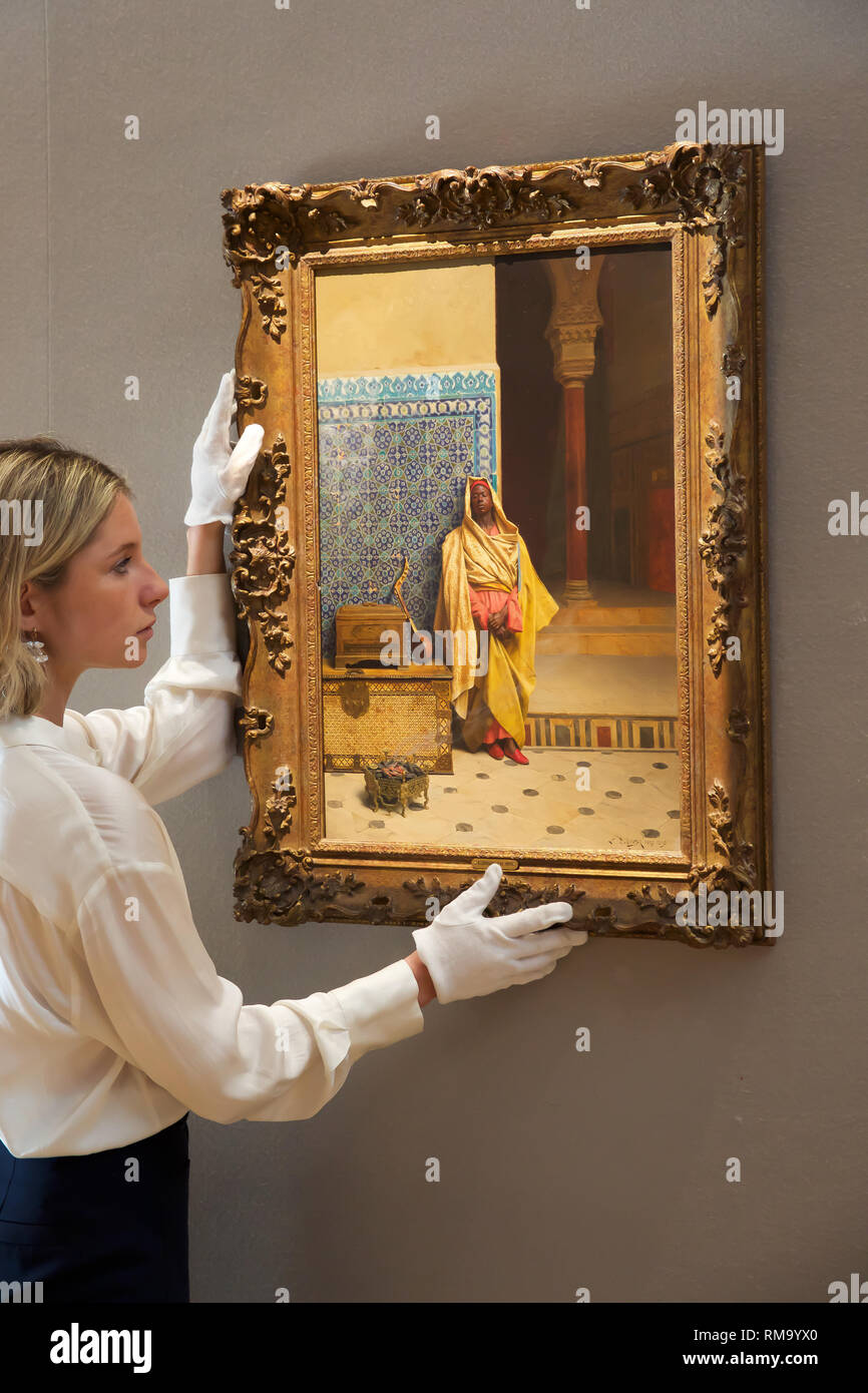 London, Großbritannien. 14 Feb, 2019. Bonhams Fotoshooting für 19. Jahrhundert Verkauf Tisch-studie, viktorianische und Britischen impressionistischer Kunst Platz bei Bonhams New Bond Street. Auf Anzeige: An der Moschee (1895) durch die österreichische Orientalist Maler, Ludwig Deutsch (1885-1935) ist bei £ 300.000-500.000 geschätzt. Die Werke haben in der gleichen privaten Sammlung seit über 50 Jahren. Credit: Keith Larby/Alamy leben Nachrichten Stockfoto