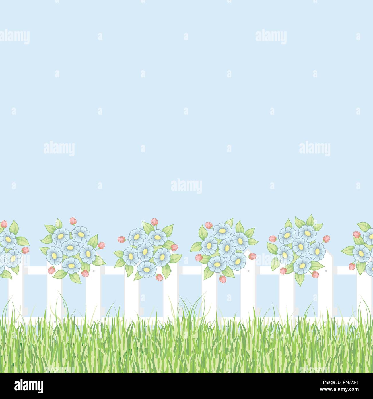 Hintergrund mit grünem Gras, weißen Zaun und Gänseblümchen Blumen Stock Vektor