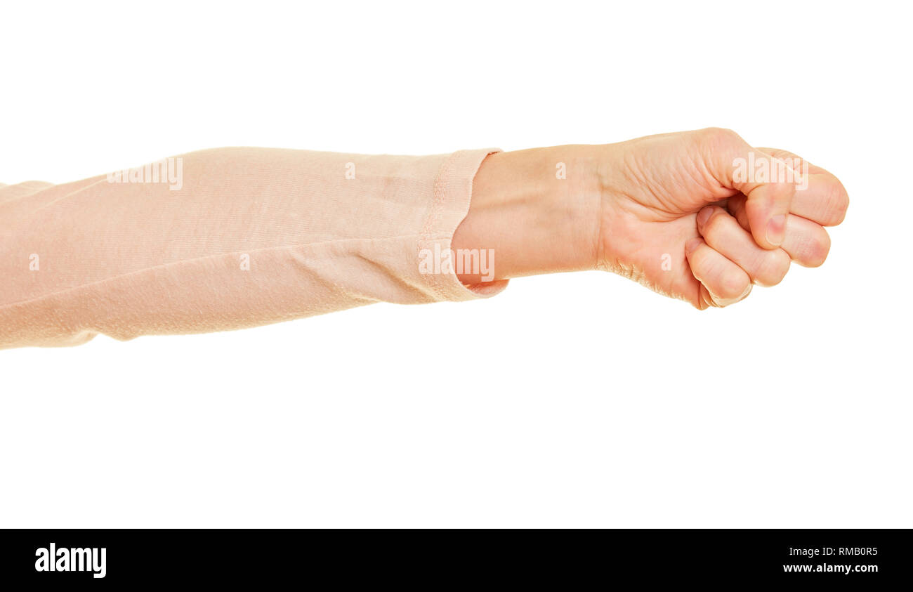 Ausgestreckten Arm einer Frau mit geballten Faust Stockfoto