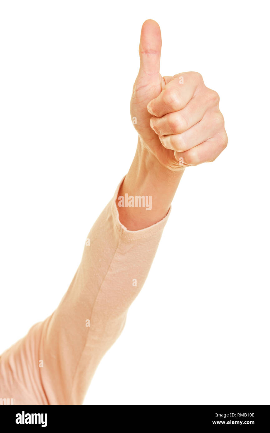 Alte Frau hält ihre Daumen ausgestreckt Stockfoto