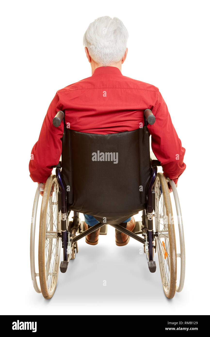 Der Mensch als Rollstuhlfahrer von hinten gegen einen weißen Hintergrund isoliert Stockfoto