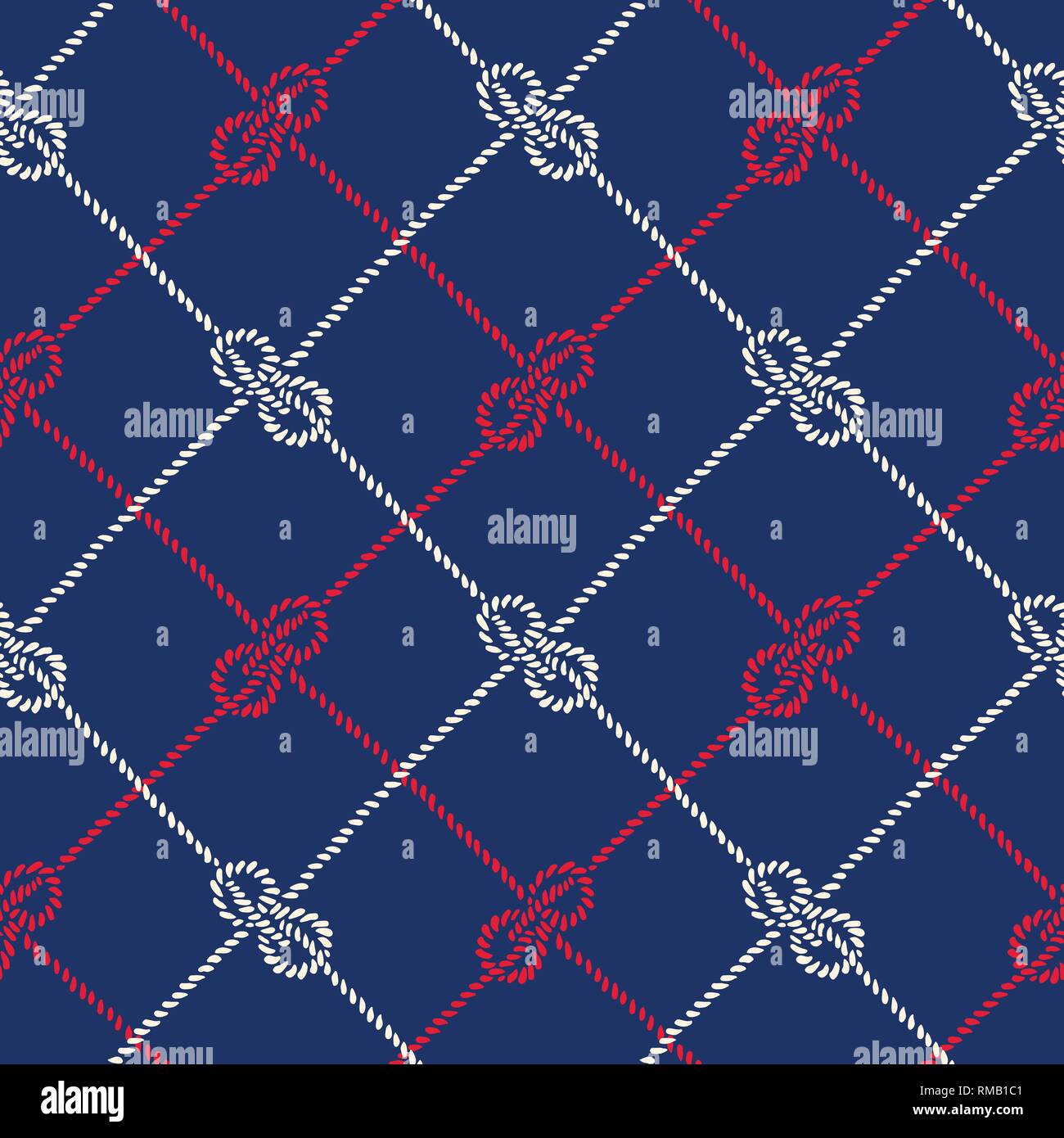 Hand-Drawn Seil Diagonal Plaid mit Zeppelin Bend nautische Knoten Vektor nahtlose Muster. Rot und Blau Marine Hintergrund. Meer, Ozean Elemente. Stock Vektor