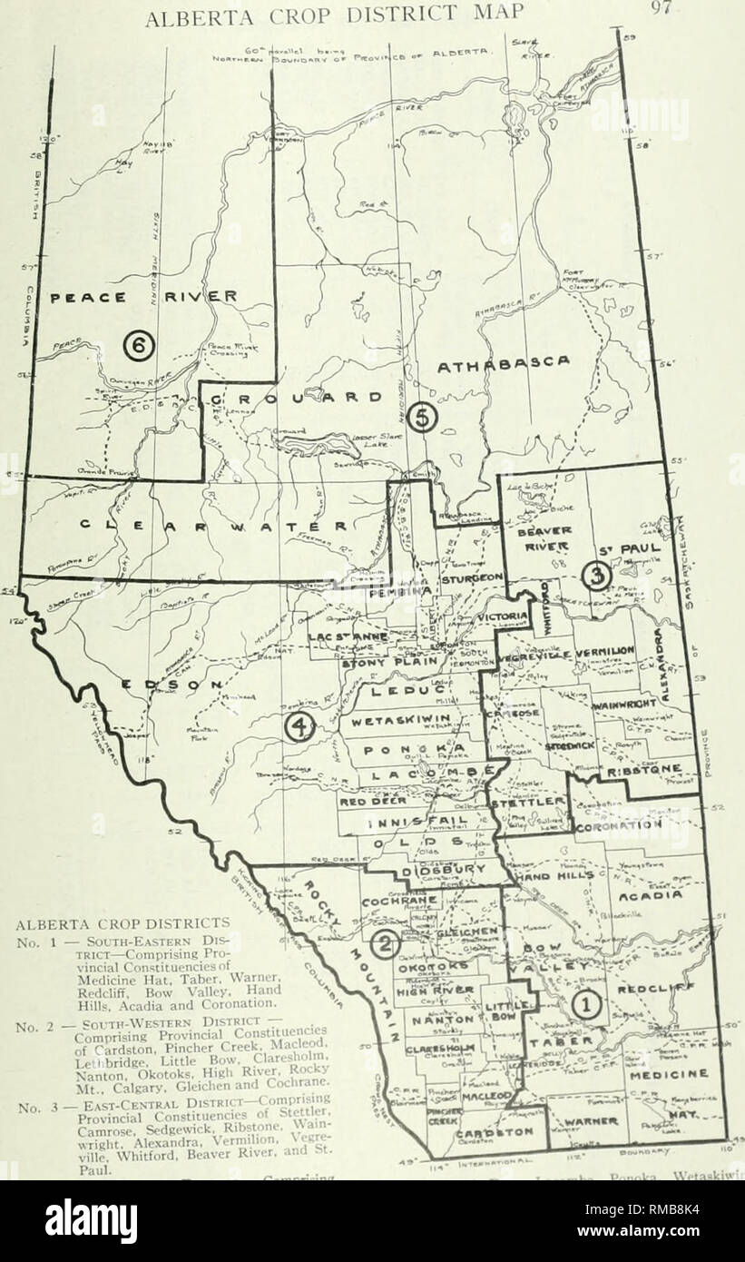 . Jahresbericht. Die Landwirtschaft. ALBERTA ERNTEGUT Karte des Bezirkes. ALBERTA ERNTEGUT BEZIRKE Nr. 1 - Südosteuropa Dis- Trict- vincial CoiTitituenciesof ComprisingPro - Medicine Hat. Taber. Warner. RedclifT. Bug Vallov. Hand Hügel. Acadia und Krönung.  =ovth - Western District - Cpmprising provinziellen Constituc^C^^ Nr. 2 bestehend aus t-rovinciai>-Wert ""='-; "v"", ""j von Cardston. Pincher Creek. Maclcod, Lethbridge. Kleines B", "-." C>" holm Nanton, Okotoks. Hohe R'^''^°=n.^ Mt Calgary. Gleichcn und Cochrane. Nr. 3 - E.. ST-zentrale PisTRicT - Comprismg provinziellen Wahlkreise von i-"^& Stockfoto