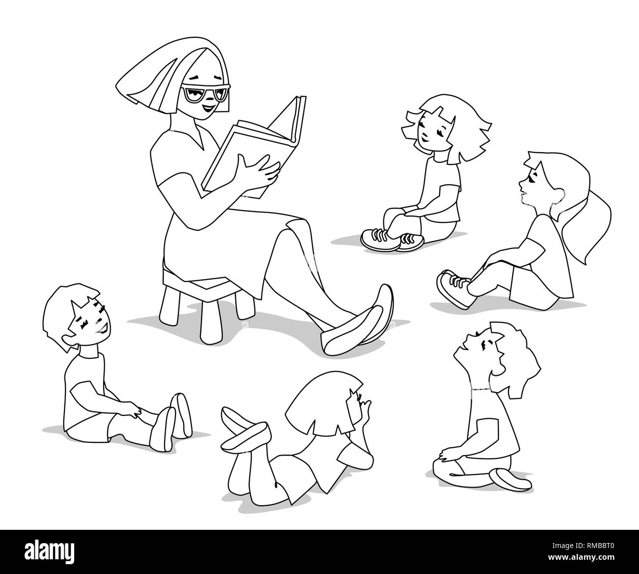 Gruppe Kinder Im Kreis Um Die Lehrer Sitzen Und Horen Eine Geschichte Stock Vektorgrafik Alamy
