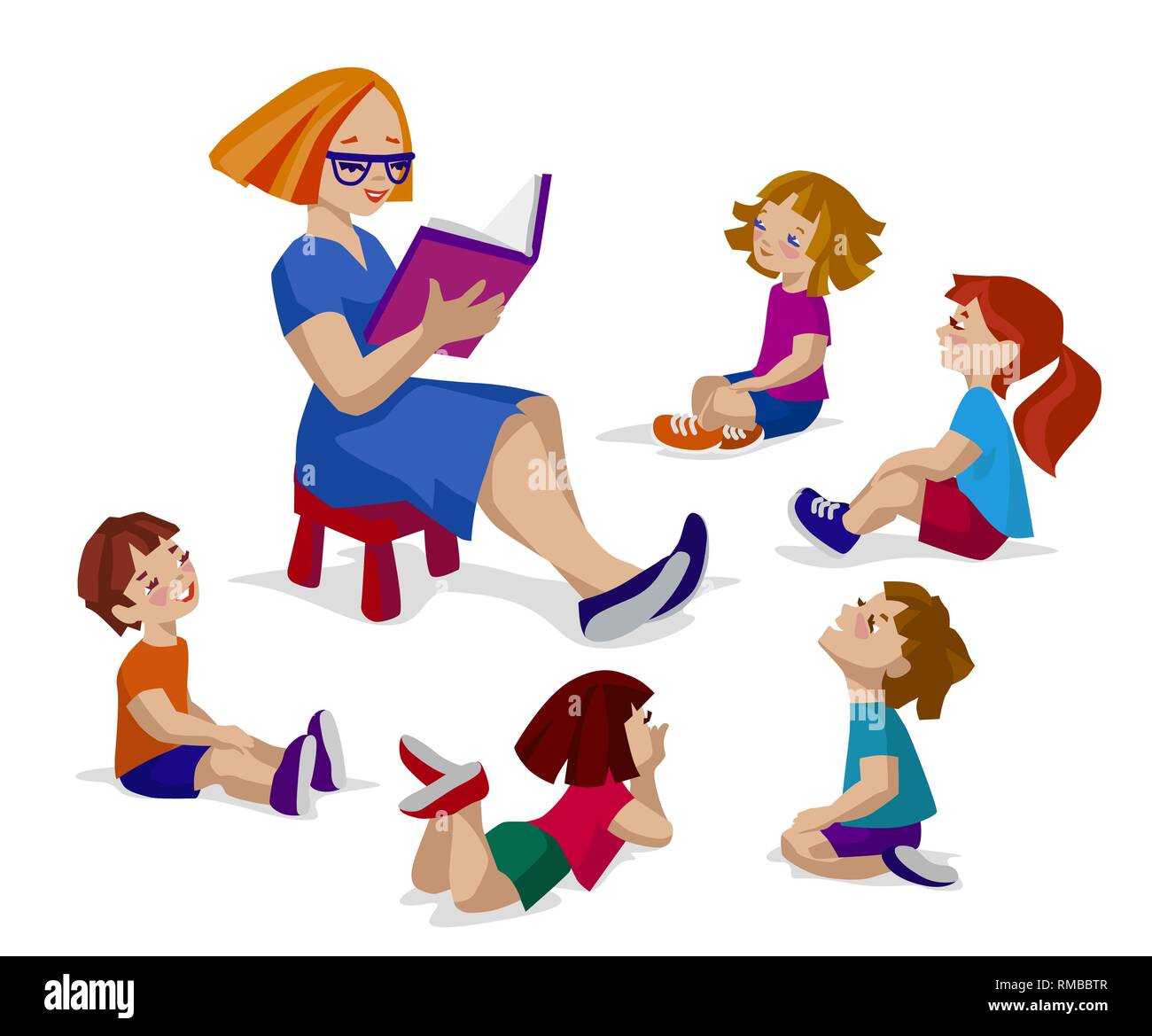 Gruppe Kinder Im Kreis Um Die Lehrer Sitzen Und Horen Eine Geschichte Stock Vektorgrafik Alamy