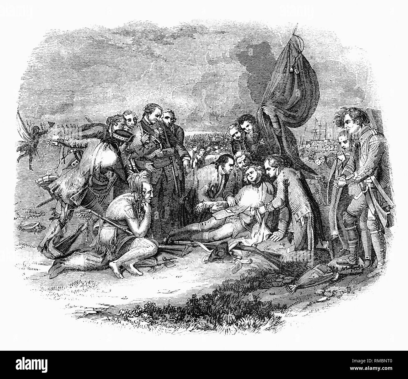 Eine Zeichnung von der Tod von General Wolfe, einem bekannten Malerei 1770 von anglo-amerikanischen Künstlers Benjamin West, der Tod des britischen General James Wolfe 1759 an der Schlacht von Quebec während des Franzosen- und Indianerkrieg. Die Schlacht von Quebec, der auch als die Schlacht der Ebenen von Abraham, am 13. September bekannt, 1759 ein zentrales Ereignis wurde im Siebenjährigen Krieg und beschlossen, das Schicksal der Französischen Kolonien in Nordamerika. Der Streit zwischen der britischen Armee und der französischen Armee kämpfte; die warf Kampf dauerte nur 15 Minuten. Die britische Armee wurde von General Wolfe geboten. Obwohl su Stockfoto