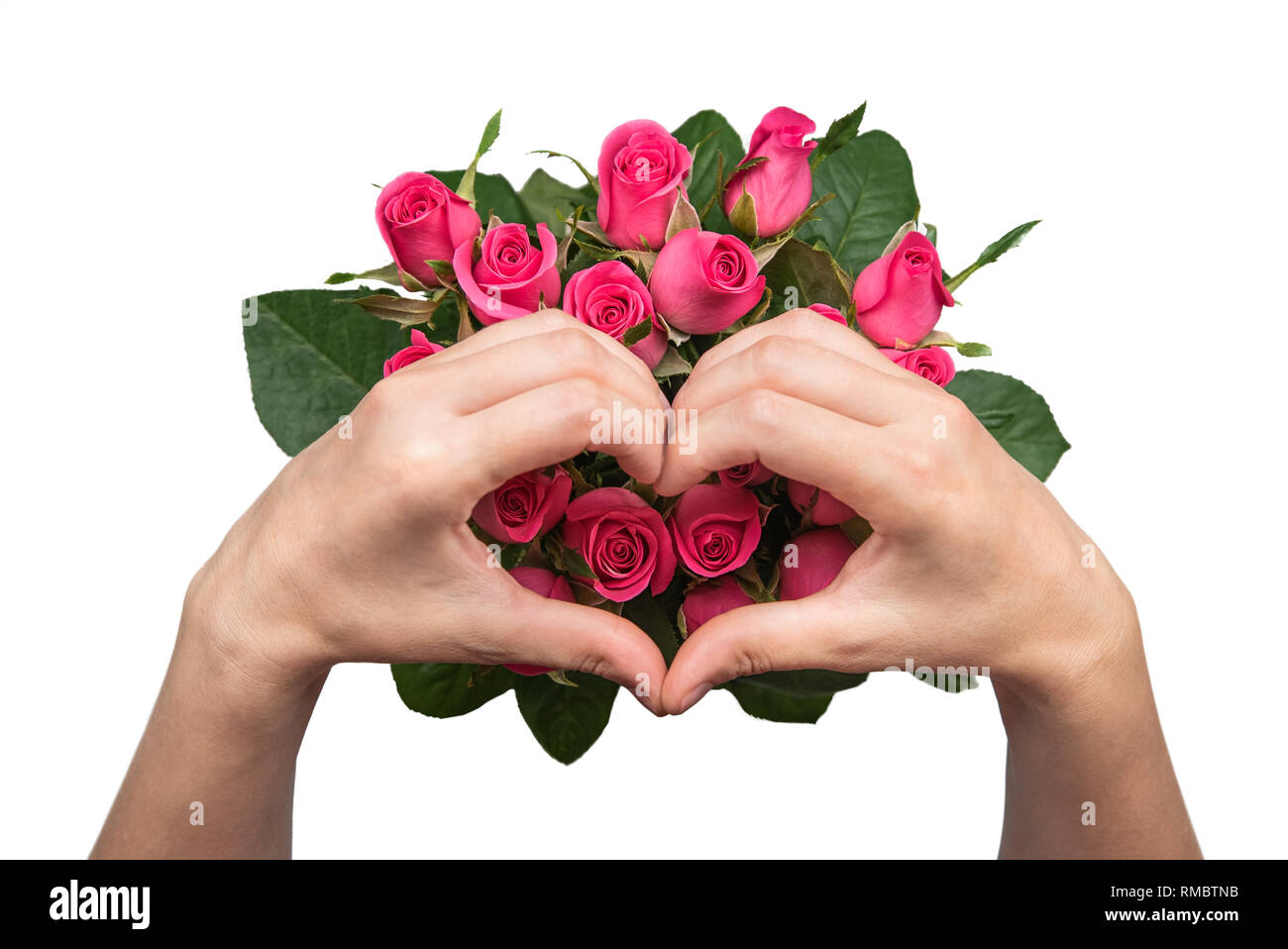 Frauen Hände mit einem Blumenstrauß aus Rosen. Stockfoto