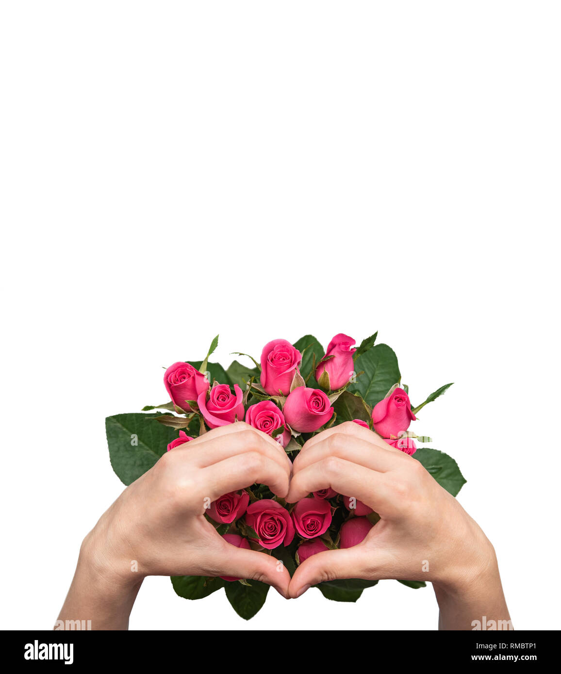 Frauen Hände mit einem Blumenstrauß aus Rosen. Stockfoto