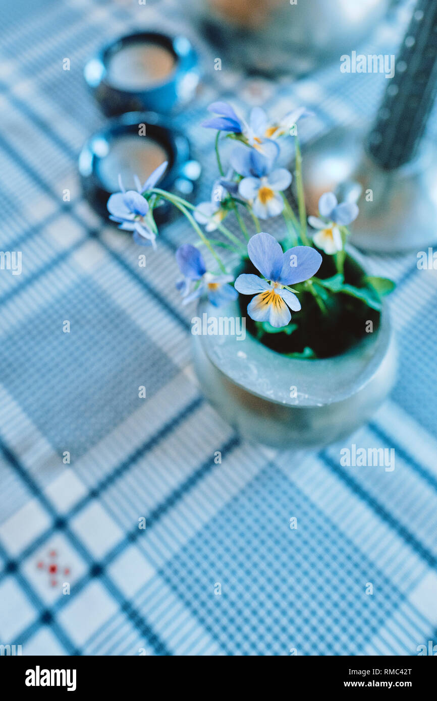 Eine skandinavische home Tisch mit Tischdecke, Kerzen und Garten gepflückten Blumen Interior Detail Stockfoto