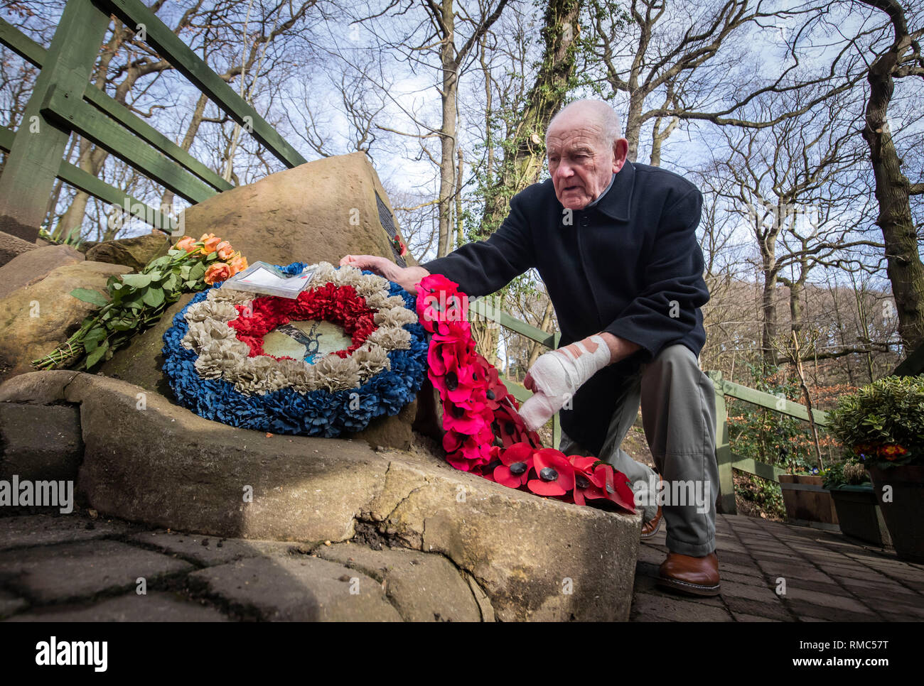 Tony Foulds, 82, vor der Mi Amigo memorial Flypast über endcliffe Park, sheffiled, der findet am Freitag, den 22. Februar, mit Kampfjets und andere militärische Flugzeuge aus Großbritannien und den Vereinigten Staaten. Er hat seit Jahrzehnten verbrachte, um die Gedenkstätte in Endcliffe Park, Sheffield, zu 10 amerikanische Flieger, die starb, als ihr Flugzeug vor ihm vor 75 Jahren stürzte gewidmet. Stockfoto