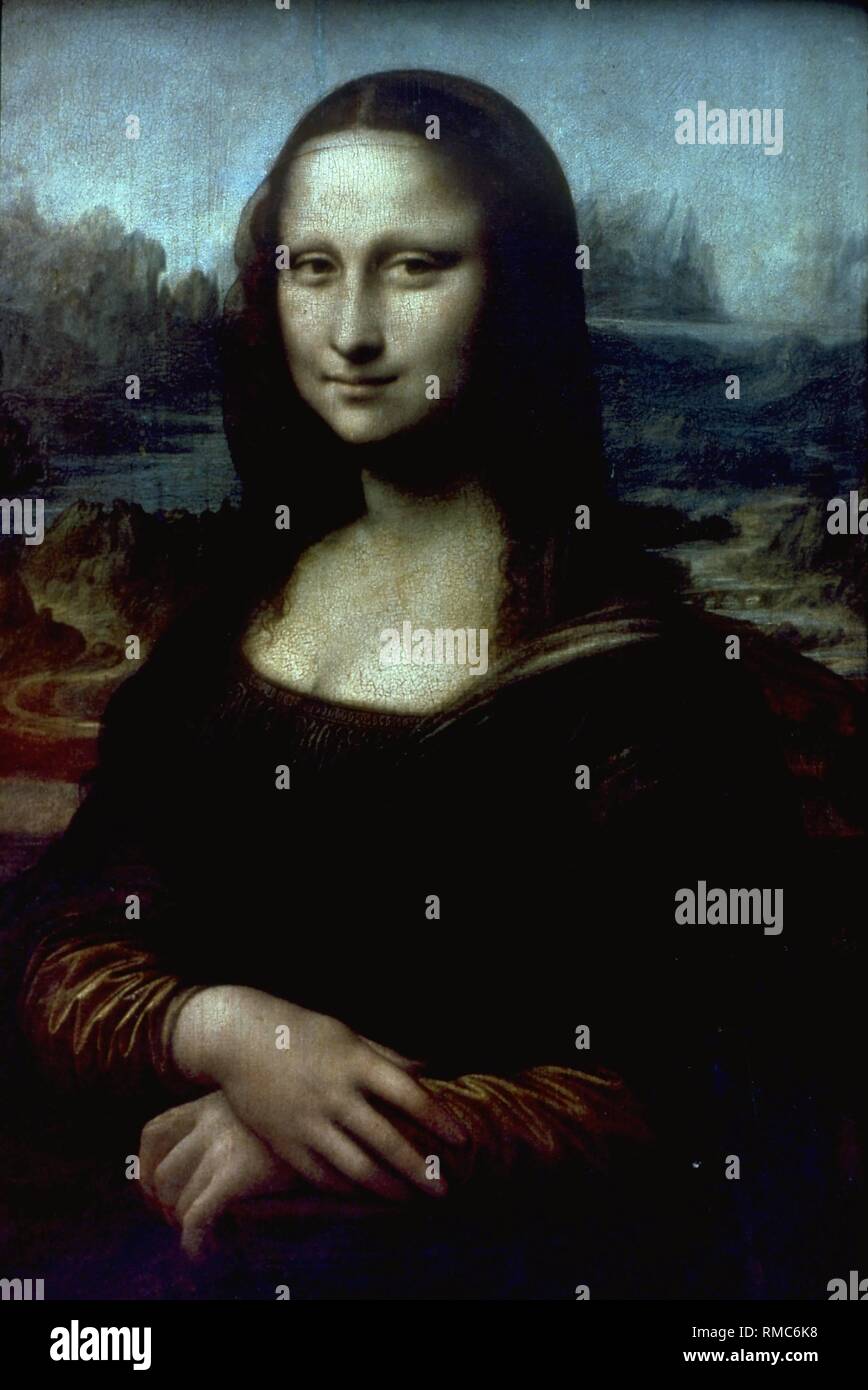 Der Italienische Maler, Architekt und Universalgenie Leonardo da Vinci (1452-1519) vermutlich gemalt zu einem der berühmtesten Bilder der Welt zwischen 1503-1506. Die Identität der Frau versteckt sich hinter das geheimnisvolle Lächeln der 'Mona Lisa' ist noch immer nicht geklärt. Die eindeutige Identifizierung der Landschaft im Hintergrund ist auch noch aus. Heute ist das Öl Gemälde im Louvre in Paris ausgestellt wird. Stockfoto