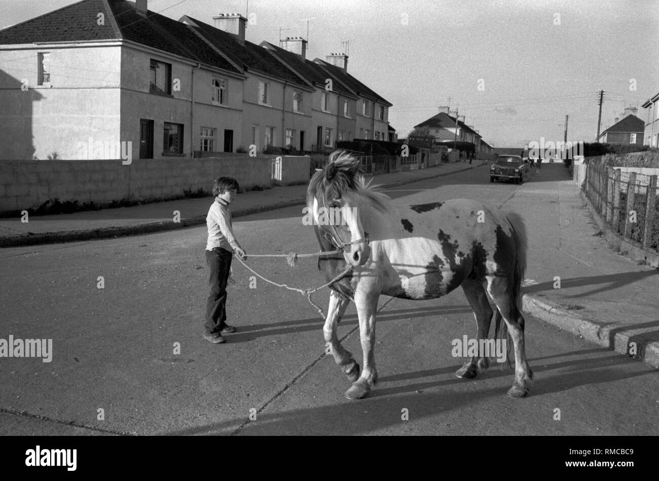 1970 s Irish jugendlich mit pet-städtischen Pferd Limerick, im County Limerick, Irland. Westküste des südlichen Irland 70 s Das neu erbaute South Hill Estate. HOMER SYKES Stockfoto