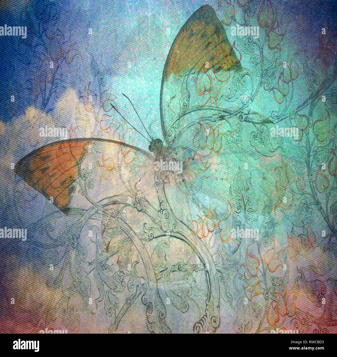 Grunge Schmetterling Hintergrund texturewith handbemalten Blumen Stockfoto