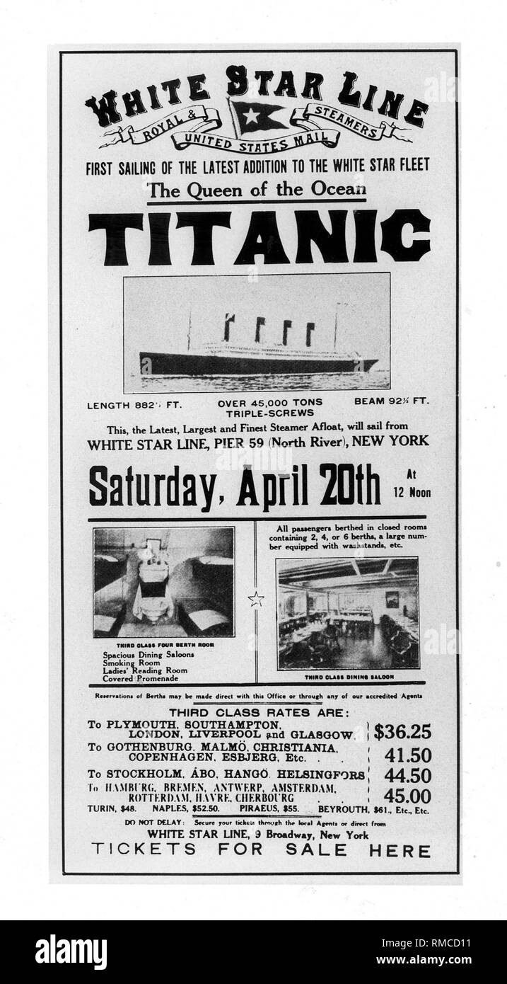 Werbung Plakat der White Star Line, wirbt Tickets für eine Reise auf der Titanic, die "Königin der Meere". Stockfoto