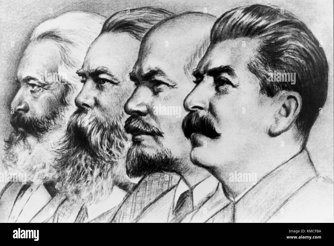 Abbildung: Karl Marx, Friedrich Engels und Wladimir Iljitsch Lenin und Josef Stalin, der so genannten "vier Säulen des Marxismus". Stockfoto
